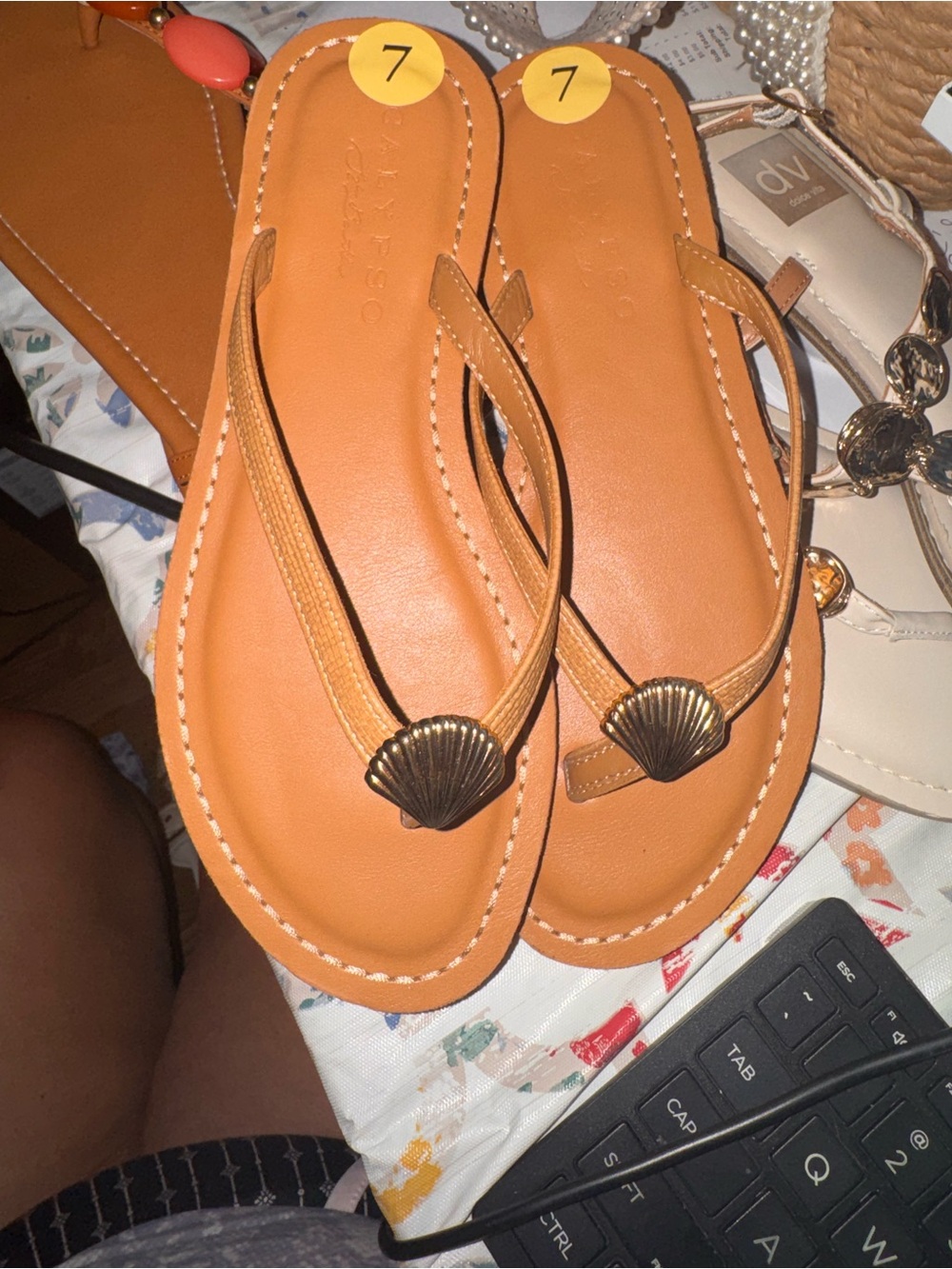 Calypso St. Barth Tan Leather Flip Flop Sandals with Shell Accent New